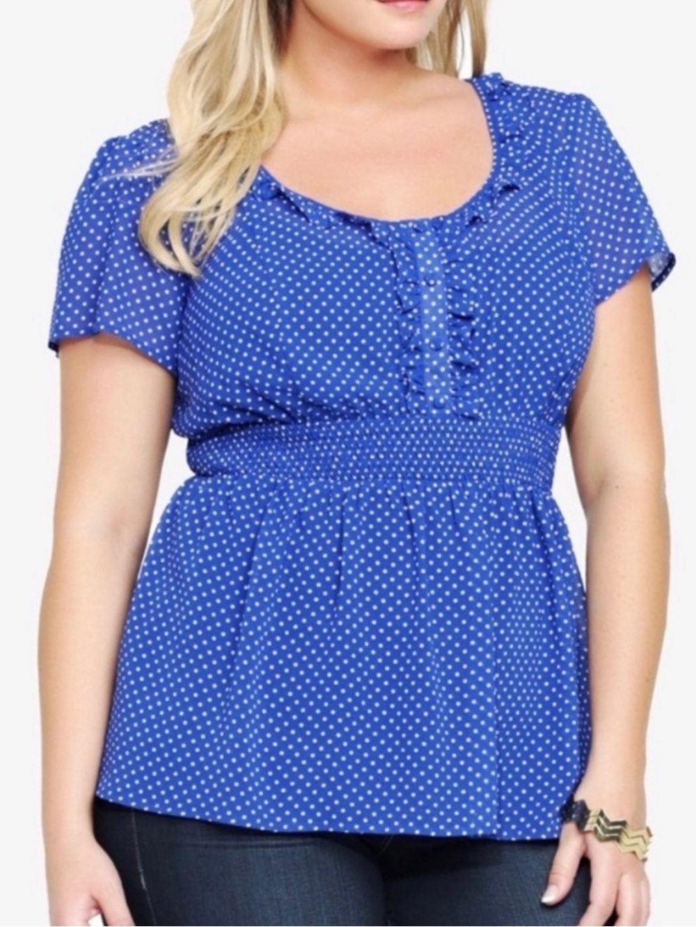 Torrid Pinup Empire Waist Blue Polka Dot Ruffle Front Blouse Size L Large